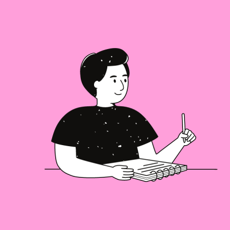 content writing prompts: cartoon image of person with notepad and pen