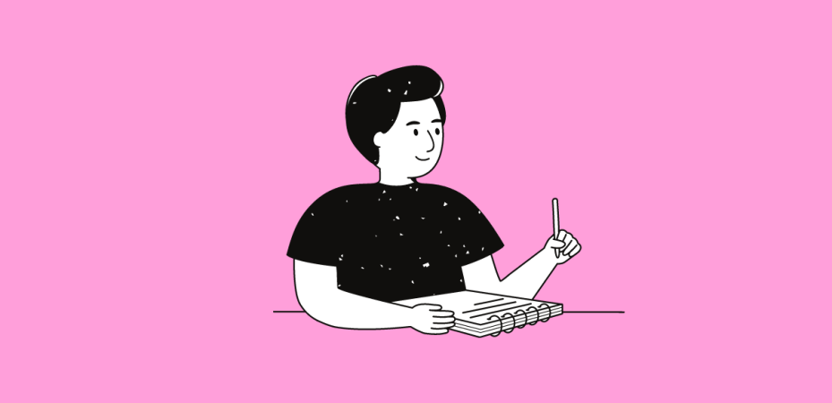 content writing prompts: cartoon image of person with notepad and pen