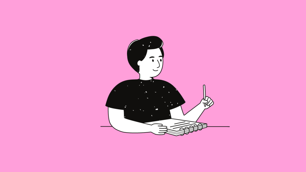 content writing prompts: cartoon image of person with notepad and pen
